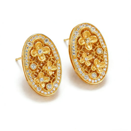 Oval Diamond-Embedded Hollow Stud Earrings